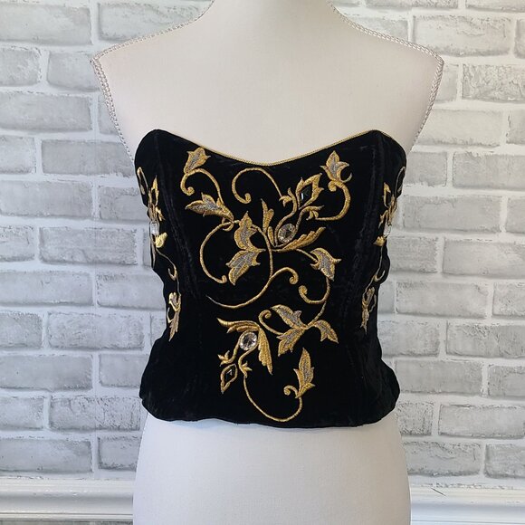 Vintage Natori Neiman Marcus Black Velvet Embroidered Bustier Elegant Whimsigoth - Picture 10 of 10